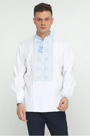 Вышиванка мужская «Ставр» белого цвета с голубым орнаментом