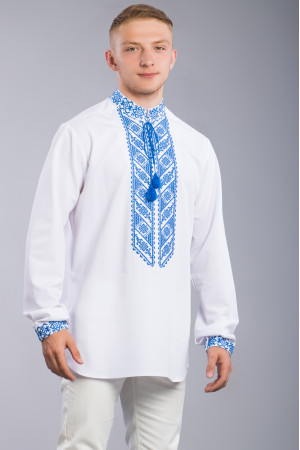 Вышиванка мужская «Андрон» белого цвета с голубым орнаментом