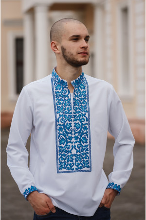 Вышиванка мужская «Устин» белого цвета с голубым орнаментом