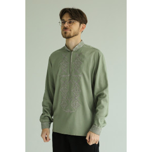 Чоловіча вишиванка «Мадяр» оливкового кольору з сріблястим орнаментом