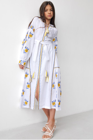 Платье для девочки «Украинская традиция» белого цвета с желто-голубым орнаментом, длинное
