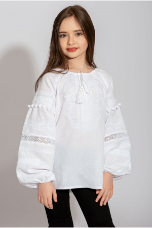 Вишиванка для дівчинки «Мереживний розмай» білого кольору з білою вишивкою