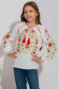 Вышиванка для девочки «Колыбельная цветов» белого цвета с цветной вышивкой
