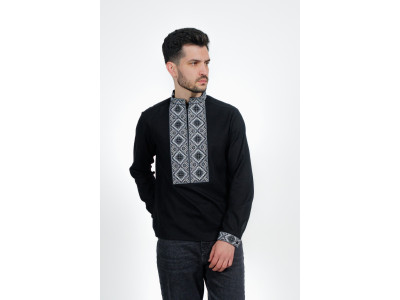 Чоловіча вишиванка «Геометрична» чорного кольору з сірим орнаментом