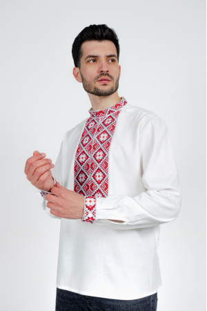 Мужская вышиванка «Геометрическая» белого цвета с красным орнаментом