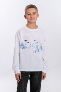 Вышитый свитшот для мальчика «Зимний праздник» белого цвета с голубым орнаментом
