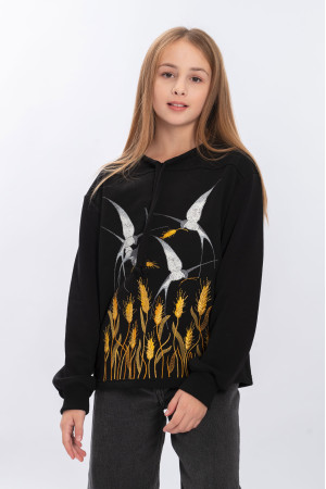 Вышитый свитшот для девочки «Пшеничное поле» черного цвета