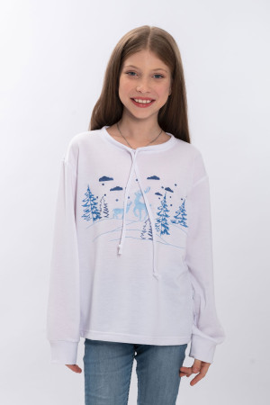 Вышитый свитшот для девочки «Зимний праздник» белого цвета с голубым орнаментом