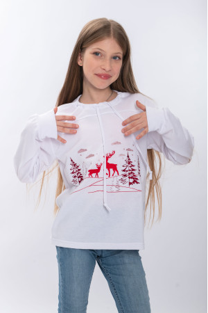 Вышитый свитшот для девочки «Зимний праздник» белого цвета с красным орнаментом