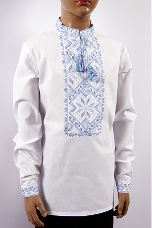 Вышиванка для мальчика «Володар» белого цвета с голубым орнаментом