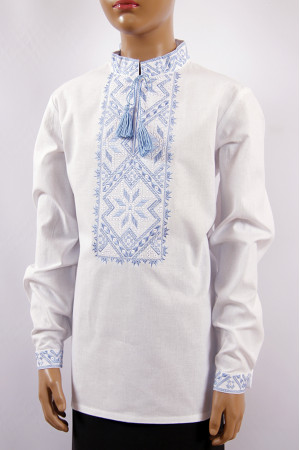 Вышиванка для мальчика «Володар» белого цвета с голубым орнаментом
