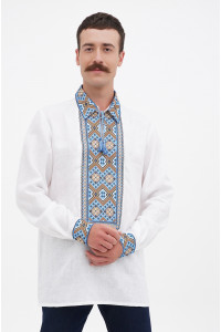 Мужская вышиванка «Колосок» белого цвета с синим орнаментом