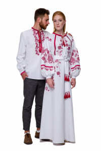 Вышитый комплект для мужчины и женщины «Гром» с бордовой вышивкой