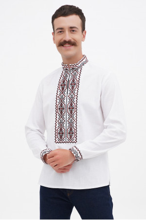 Мужская вышиванка «Святогор» белого цвета с красно-черным орнаментом