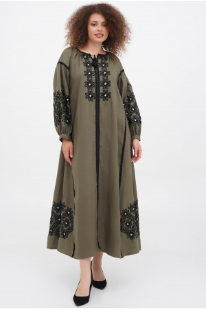 Вышитое платье «Маланка» оливкового цвета