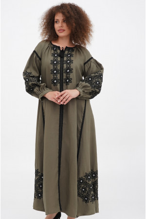 Вышитое платье «Маланка» оливкового цвета