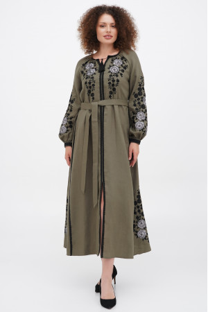 Вышитое платье «Росяна» оливкового цвета с черно-серым орнаментом