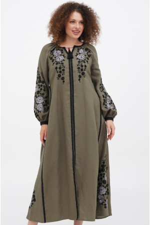 Вишита сукня «Росяна» оливкового кольору з чорно-сірим орнаментом