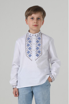 Вишиванка для хлопчика «Грона» білого кольору з синім орнаментом