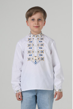 Вишиванка для хлопчика «Квіти життя» білого кольору з жовто-синім орнаментом
