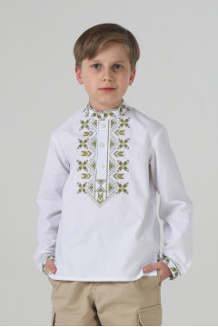 Вишиванка для хлопчика «Квіти життя» білого кольору з оливковим орнаментом