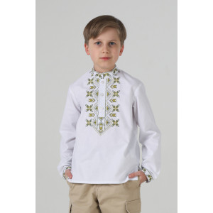 Embroidered shirt for a boy "Flowers of Life" in white with olive ornament