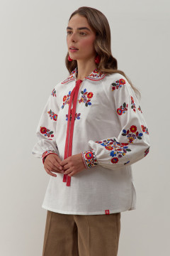 Вышиванка «Яворівська» белого цвета с красно-синим орнаментом
