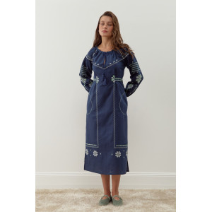 Вишита сукня «Зоряна» темно-синього кольору