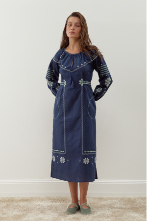 Embroidered dress "Zoryana" in dark blue