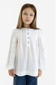 Вишиванка для дівчинки «Мирослава» білого кольору з жовто-блакитним орнаментом