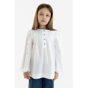 Вишиванка для дівчинки «Мирослава» білого кольору з жовто-блакитним орнаментом