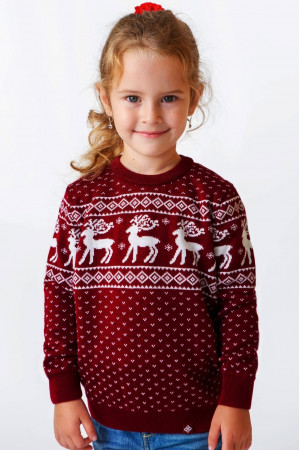 Свитер для девочки «Рождественский» с оленями бордового цвета