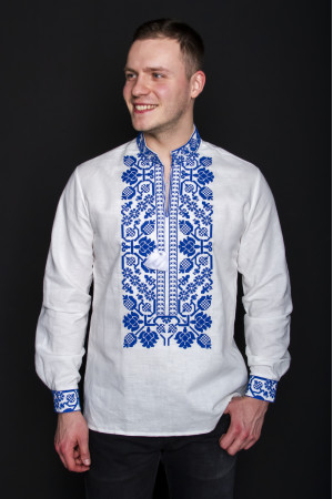 Мужская вышиванка «Всеволод» белого цвета с синим орнаментом