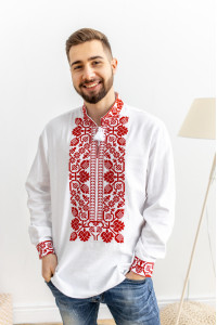 Мужская вышиванка «Всеволод» белого цвета с красным орнаментом