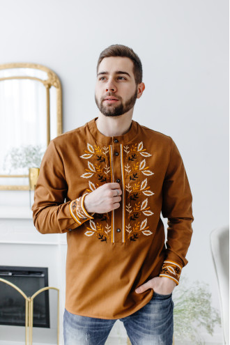 Men's embroidered shirt "Yeremiy" brown