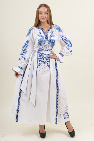 Платье «Лыбидь» белого цвета с синим орнаментом