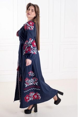 Платье «Парижский букет» темно-синего цвета с вишневым орнаментом