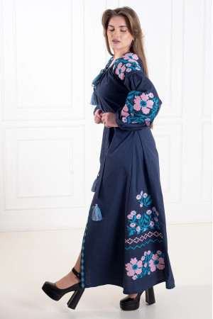 Платье «Парижский букет» темно-синего цвета с розовым орнаментом