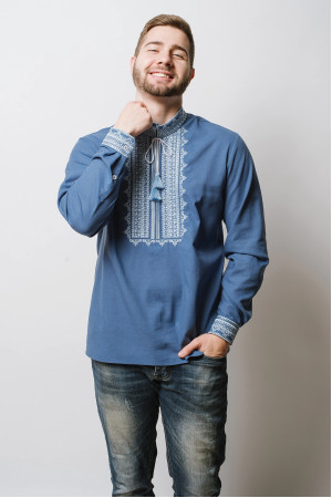 Мужская вышиванка «Цвитан» серо-синего цвета с голубым орнаментом