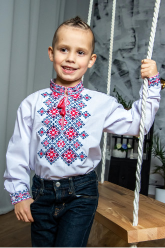 Embroidered shirt for a boy "Marco" in white with red ornament