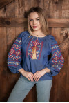 Embroidered shirt "Amber Star" in dark denim color with red ornament