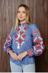 Embroidered shirt "Yaromyra" in jeans color with red ornament