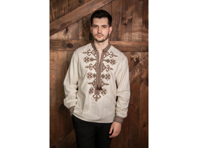 Чоловіча вишиванка «Козацька» кольору меланж з коричневим орнаментом