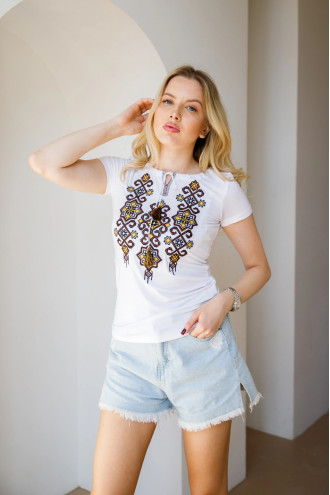 Embroidered T-shirt "Ellada" in white with golden ornament