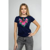 Вышитая футболка «Ванда» темно-синего цвета с розовым орнаментом