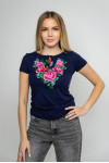 Embroidered T-shirt "Wanda" in dark blue with pink ornament