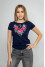 Embroidered T-shirt "Wanda" in dark blue with pink ornament