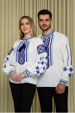 Pair of embroidered shirts "Ruslan and Ruslana" in milky color with blue ornament