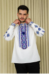 Men's embroidered shirt "Ruslan" in milky color with blue ornament