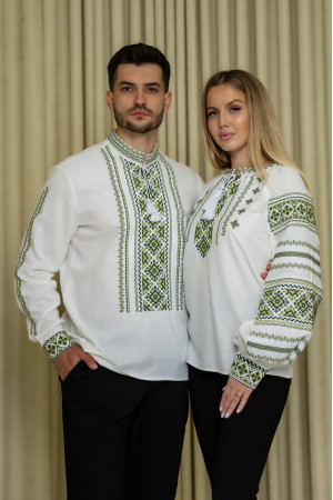 Pair of embroidered shirts "Oksana and Oxen" in milky color with green ornament